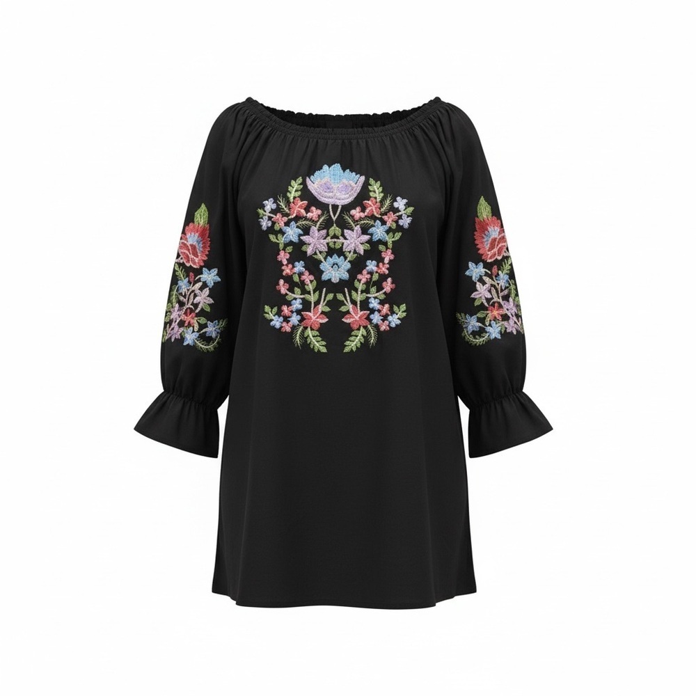 Rebellion Black Tunic with Colorful Floral Embroidery